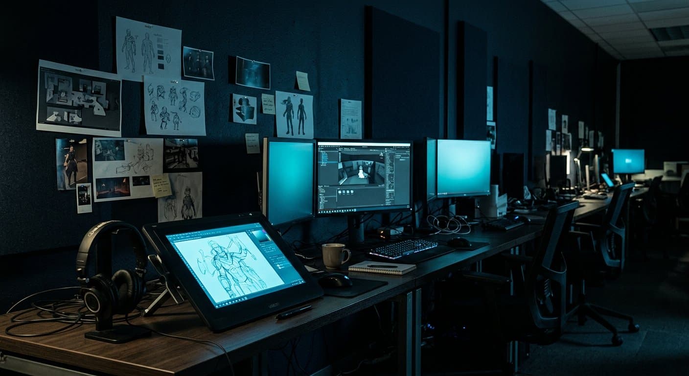 Inside the Spectre Rex game development studio in Gurugram — a dark workspace under blue light